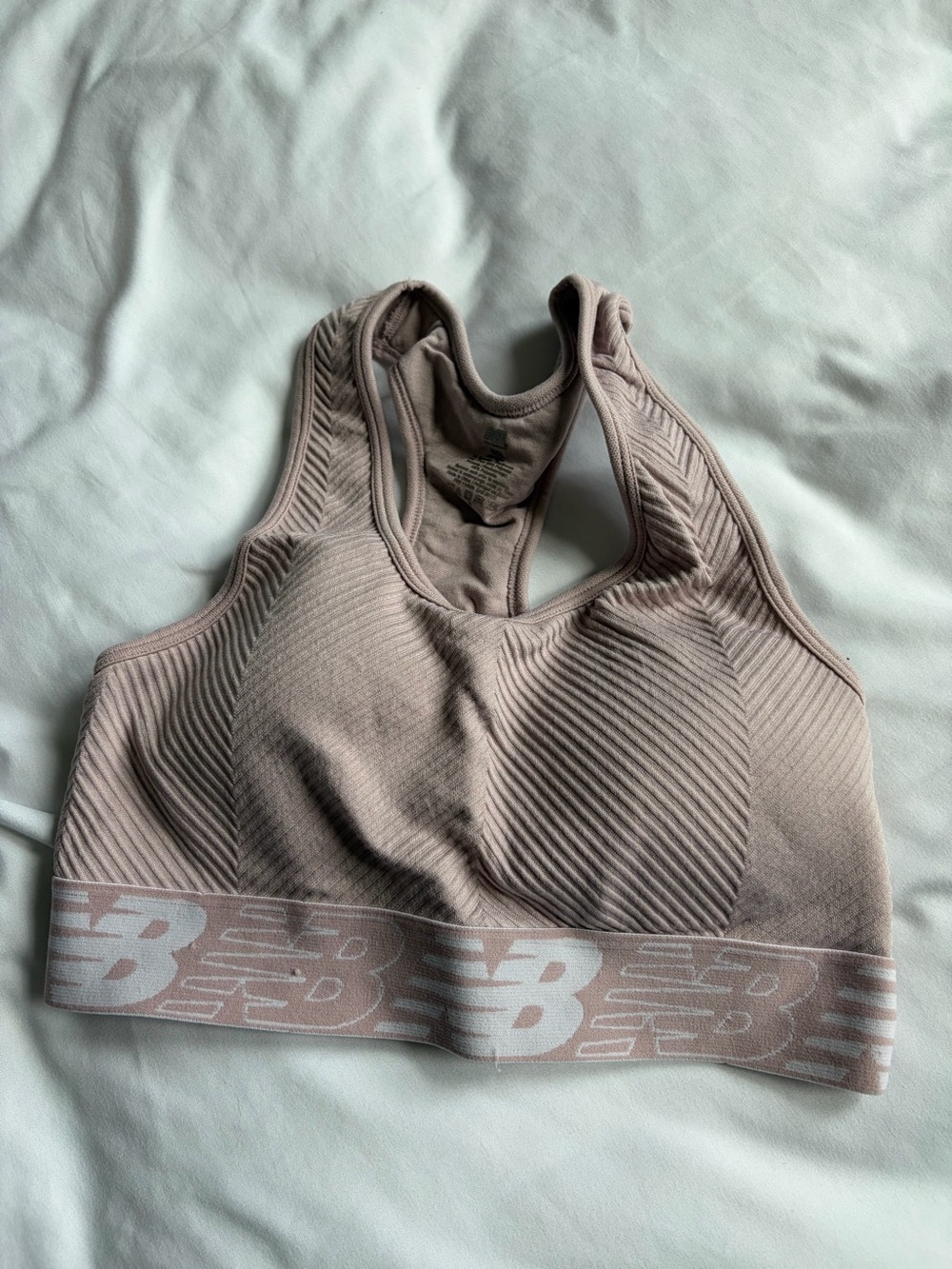New Balance Dusty Pink Ribbed Seamless Sports Bra with Logo Band